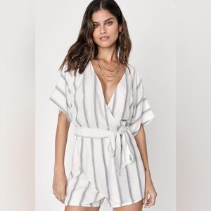 Lulu's Gray and White Striped Wrap Jumpsuit